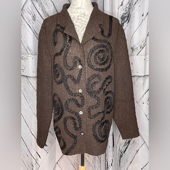 Tally Ho Jackets & Blazers - Tally-Ho Brown Textured Faux Suede Jacket w/Appliqués L